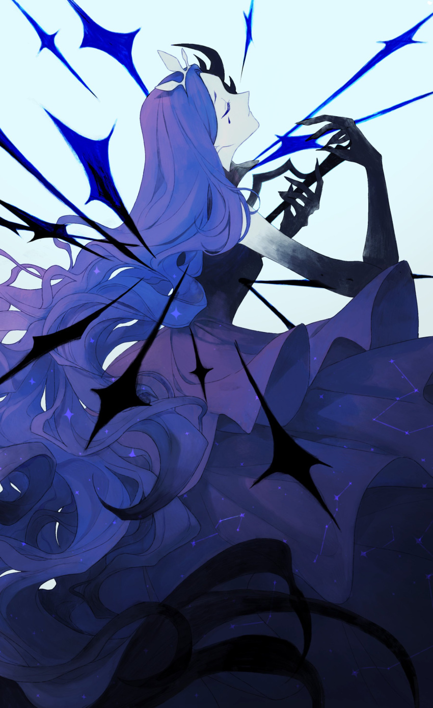 1girl absurdres blue_dress blue_hair closed_eyes closed_mouth constellation_print dress gradient_skin highres knight_of_despair lobotomy_corporation long_hair project_moon simple_background solo stab sword very_long_hair weapon white_background wwcinnamon