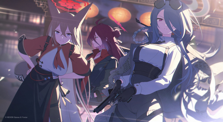 3girls animal_ears black_gloves black_skirt blue_archive braid breasts brown_hair closed_mouth company_name eyewear_on_head gloves green_hair gun hair_between_eyes hair_over_one_eye halo handgun hands_on_own_hips hennnachoco highres holding holding_gun holding_weapon jacket lantern large_breasts long_hair long_sleeves looking_at_viewer mina_(blue_archive) multiple_girls official_art redhead reizyo_(blue_archive) rumi_(blue_archive) skirt sunglasses very_long_hair weapon