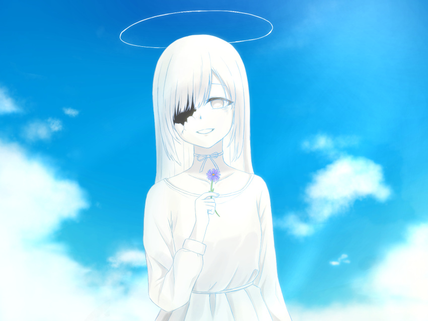 1girl blue_sky clouds colored_skin commentary_request cracked_skin dress flower halo highres holding holding_flower k-d long_hair long_sleeves looking_at_viewer neck_ribbon one-eyed original parted_lips ribbon sky smile solo upper_body white_dress white_eyes white_hair white_ribbon white_skin