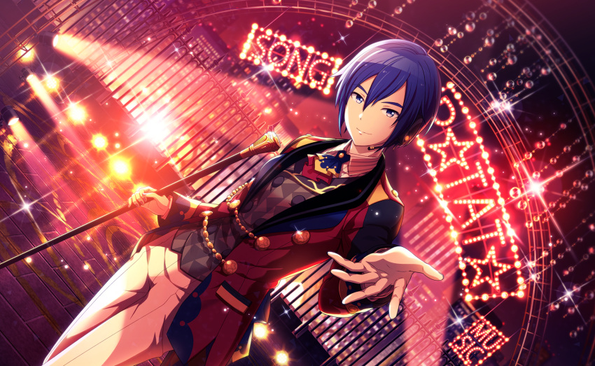 1boy aiguillette ascot black_vest blue_ascot buttons cane city_lights closed_mouth coat collared_shirt colorful_palette crown_print double-breasted dutch_angle fence fingernails highres holding holding_cane kaito_(vocaloid) long_sleeves looking_at_viewer neon_lights official_art project_sekai reaching reaching_towards_viewer red_coat shirt smile solo stage third-party_source vest vocaloid white_shirt wonderlands_x_showtime_kaito zenryoku!_wonder_halloween!_(project_sekai)