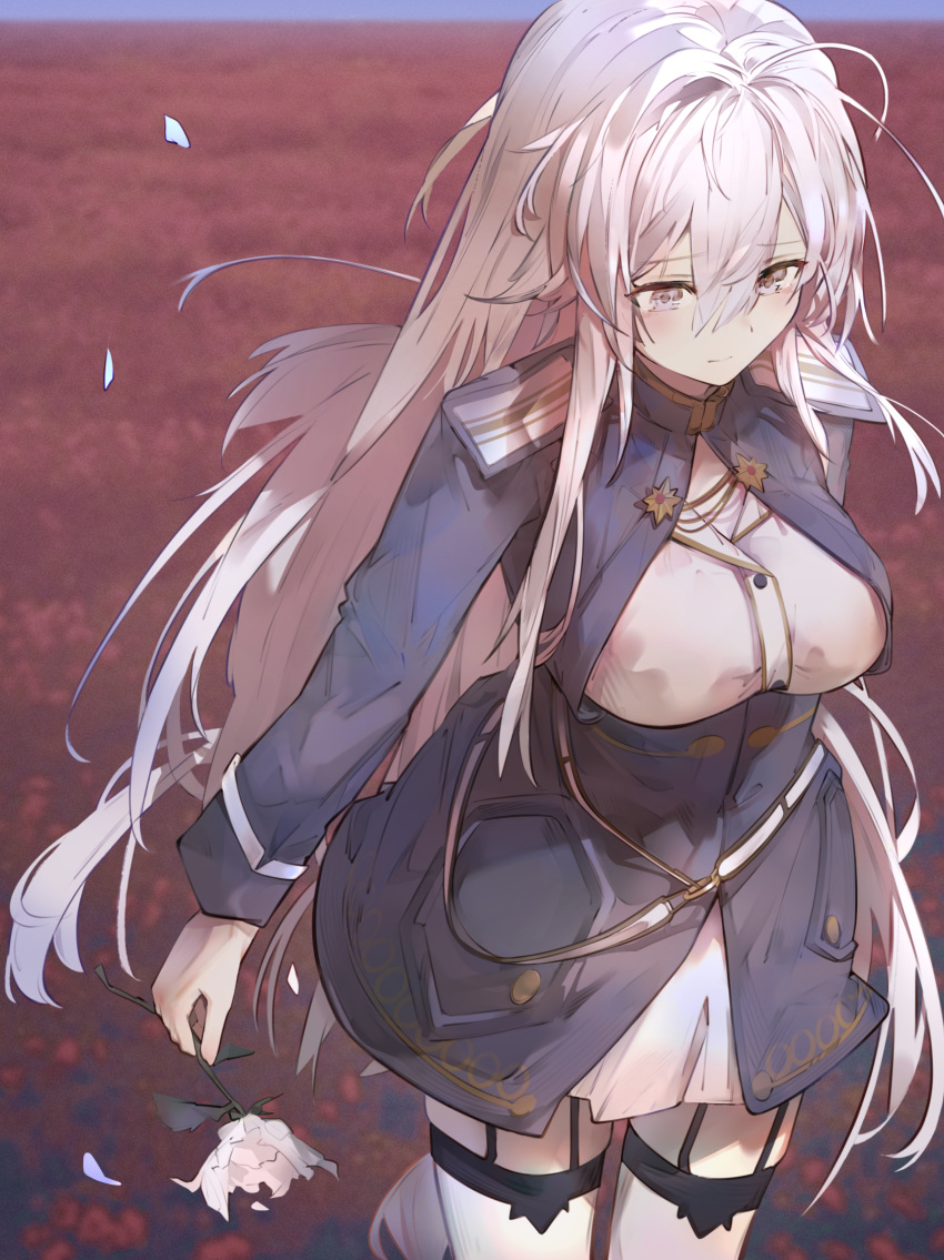 1girl 86_-eightysix- belt breasts closed_mouth field flower flower_field from_above grey_eyes highres holding holding_flower long_hair looking_ahead medium_breasts military_uniform noriya outdoors petals red_flower rose solo thigh-highs uniform very_long_hair vladilena_millize white_belt white_flower white_hair white_rose white_thighhighs withered zettai_ryouiki