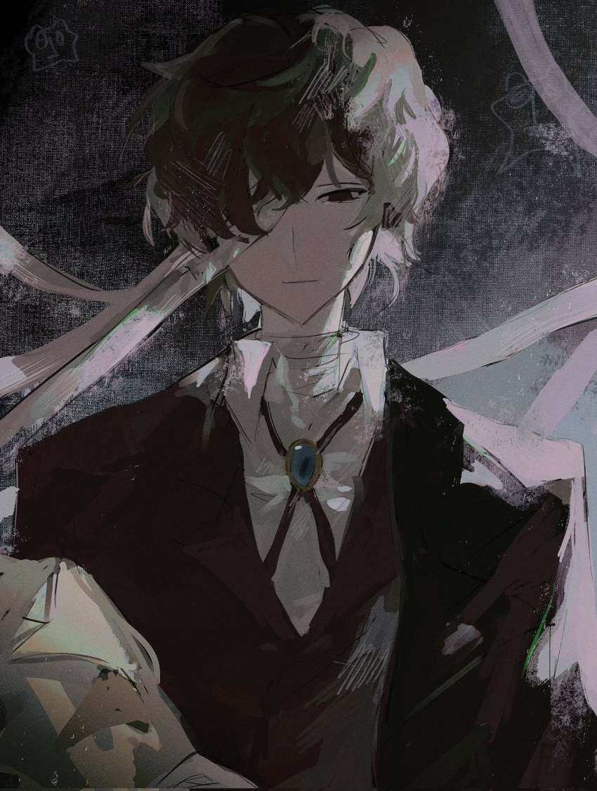 1boy bandage_over_one_eye bandaged_neck bandages black_coat black_eyes blue_gemstone brooch brown_hair brown_jacket bungou_stray_dogs closed_mouth coat collared_shirt cross_tie dazai_osamu_(bungou_stray_dogs) expressionless gem highres jacket jewelry looking_at_viewer myaaea shirt solo upper_body white_shirt wing_collar