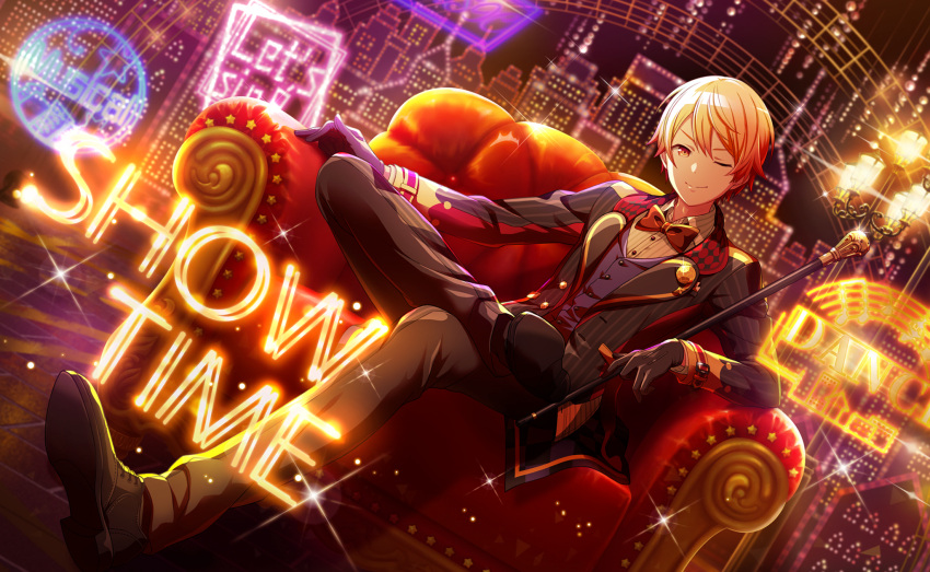 1boy armchair black_footwear black_gloves black_pants blonde_hair bow bowtie brown_bow brown_bowtie buttons cane chair city_lights closed_mouth colorful_palette crossed_legs crown_print gloves gold_trim highres holding holding_cane lamppost long_sleeves looking_at_viewer male_focus neon_lights official_art one_eye_closed pants project_sekai purple_vest shoes sitting smile solo stage tenma_tsukasa third-party_source vest wing_collar yellow_eyes zenryoku!_wonder_halloween!_(project_sekai)