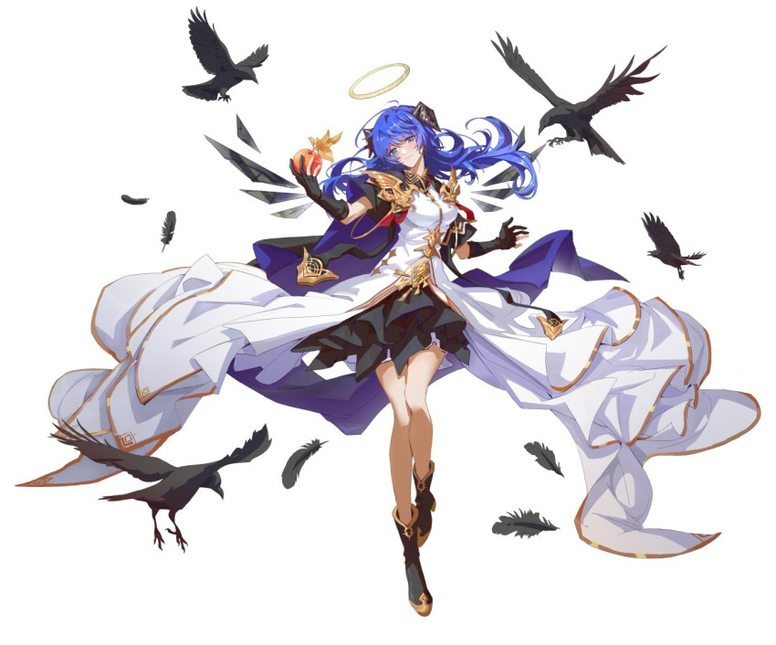 1girl apple arknights bird black_bird black_footwear black_gloves black_skirt blue_cape blue_eyes blue_hair blush boots cape chinese_commentary closed_mouth commentary_request crow demon_horns detached_wings dress feathers floating_hair food fruit full_body gloves halo head_tilt holding holding_food holding_fruit horns long_hair looking_at_viewer mostima_(arknights) mostima_(spellbreaker)_(arknights) official_alternate_costume partially_fingerless_gloves simple_background skirt solo spaceoddity951 white_background white_dress wings