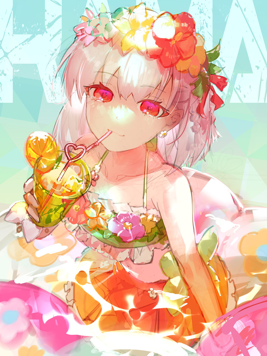 1girl bikini character_name crazy_straw cup drinking_glass drinking_straw earrings fate/grand_order fate_(series) flower_earrings flprayer food frilled_bikini frills fruit grey_hair head_wreath heart_straw highres holding holding_cup jewelry kama_(fate) kama_(swimsuit_avenger)_(fate) kama_(swimsuit_avenger)_(first_ascension)_(fate) lemon lemon_slice red_eyes smile swimsuit water