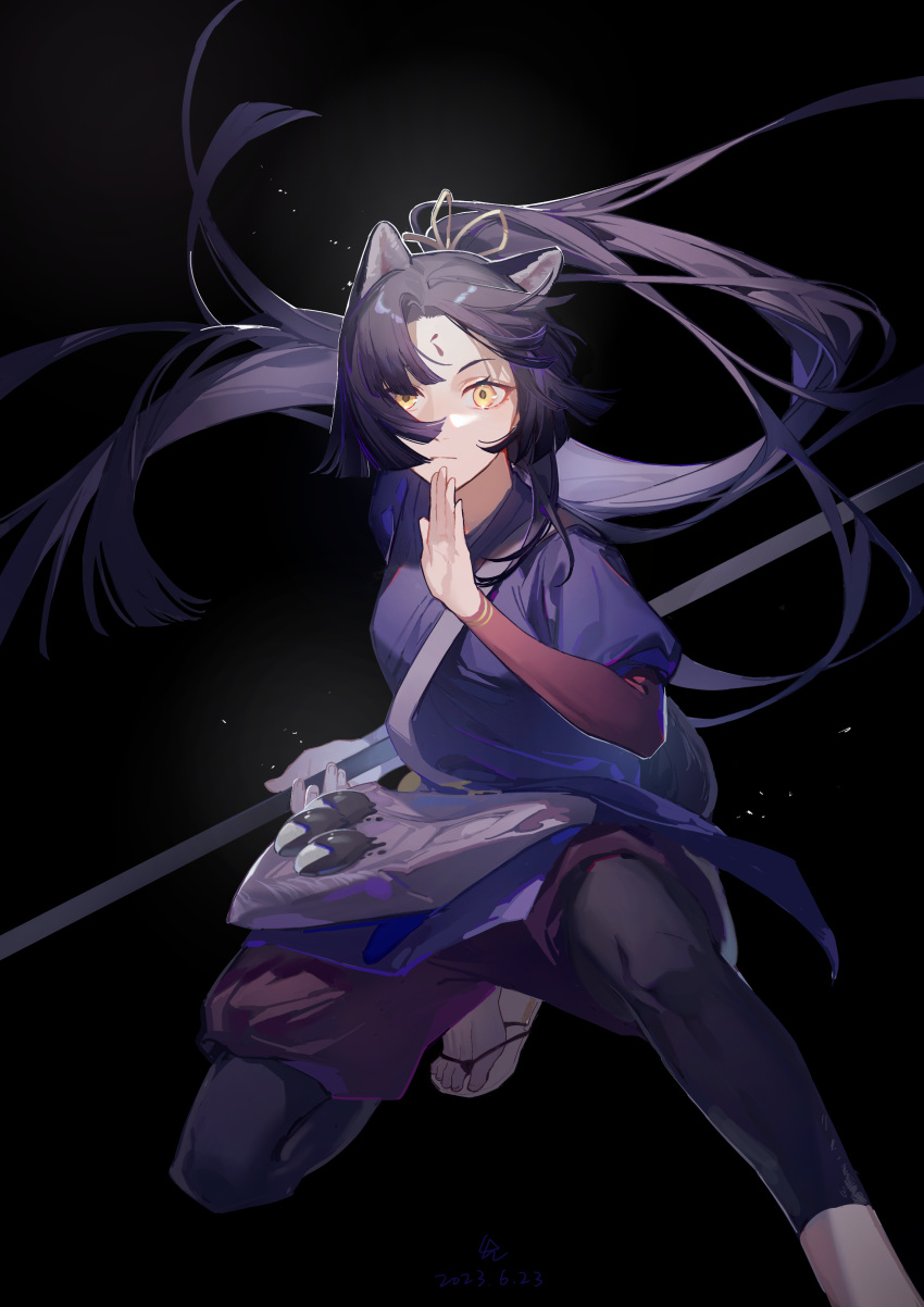 1girl absurdres animal_ears arknights black_background black_hair black_leggings blue_kimono closed_mouth dog_ears dog_girl dog_tail facial_mark fighting_stance forehead_mark highres holding holding_weapon japanese_clothes kimono leggings long_hair long_sleeves looking_at_viewer official_alternate_costume on_one_knee ponytail qian8102 saga_(arknights) saga_(there_they_be)_(arknights) simple_background solo tail v-shaped_eyebrows very_long_hair weapon yellow_eyes