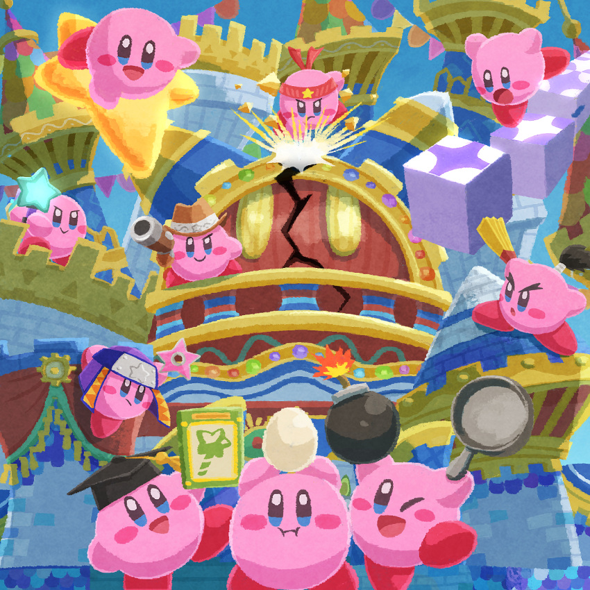 bandana blush_stickers bomb book castle colored_skin cowboy_hat egg explosive frying_pan gun hat highres holding holding_book holding_egg holding_frying_pan holding_gun holding_weapon kirby kirby's_return_to_dream_land kirby's_return_to_dream_land_deluxe kirby_(series) looking_at_viewer magolor miclot mortarboard multiple_persona no_humans one_eye_closed open_mouth pink_skin shuriken smile solid_oval_eyes string_of_flags v-shaped_eyebrows warp_star weapon