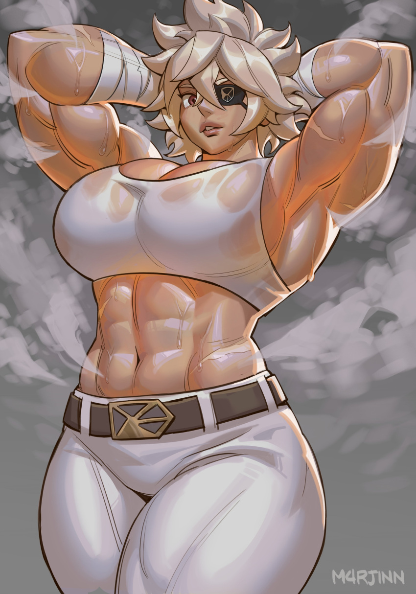 abs absurdres arms_behind_head belt blonde_hair breasts debonair_diamond eyepatch hand_wraps highres large_breasts m4rjinn muscular muscular_female pants red_eyes red_hood red_hood_(kawaguchi) short_hair sweat tank_top thick_thighs thighs tight_clothes tight_pants