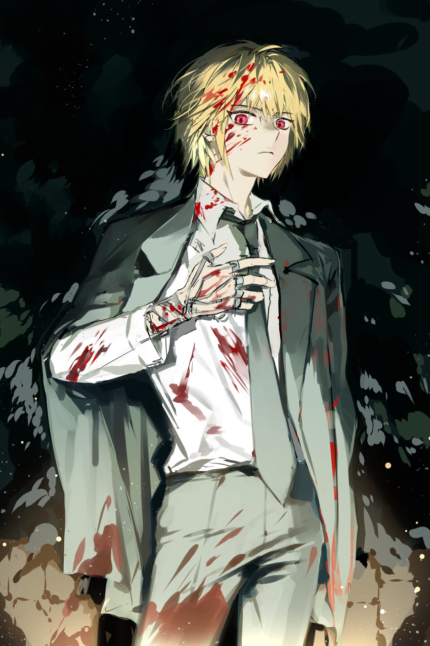 1boy absurdres black_jacket black_necktie black_pants blonde_hair blood blood_on_clothes blood_on_hands chain closed_mouth collared_shirt highres hunter_x_hunter jacket jewelry kurapika looking_at_viewer male_focus mop_0321 multiple_rings necktie pants red_eyes ring shirt short_hair solo suit_jacket white_shirt