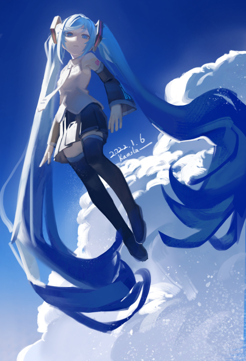 1girl artist_name bare_shoulders black_footwear black_skirt black_sleeves blue_eyes blue_hair blue_sky boots closed_mouth clouds collared_shirt dated detached_sleeves floating full_body grey_shirt hair_ornament hatsune_miku highres kofi-mo long_hair looking_at_viewer looking_down miniskirt necktie pleated_skirt shirt shoulder_tattoo sidelighting signature skirt sky sleeveless sleeveless_shirt solo tattoo thigh_boots twintails very_long_hair vocaloid