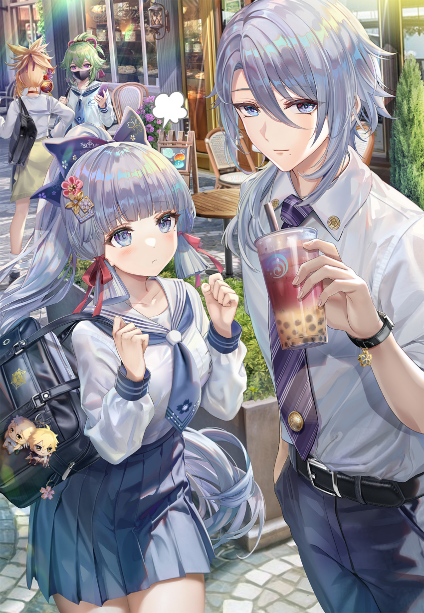 1boy 3girls aether_(genshin_impact) bag bag_charm belt black_belt blonde_hair blue_eyes blue_neckerchief brother_and_sister bubble_tea cafe cellphone chair charm_(object) collared_shirt commentary_request cup disposable_cup duplicate genshin_impact green_hair grey_hair high_ponytail highres holding holding_cup holding_phone kamisato_ayaka kamisato_ayaka_(heytea) kamisato_ayato kamisato_ayato_(heytea) kuki_shinobu light_blue_eyes light_blue_hair looking_at_another looking_at_viewer lumine_(genshin_impact) mask mole mole_under_eye mole_under_mouth mouth_mask multiple_girls neckerchief necktie outdoors pants phone pleated_skirt purple_necktie sailor_collar school_bag school_uniform serafuku shirt short_ponytail siblings sign skirt slime_(genshin_impact) smartphone table torino_aqua violet_eyes watch yoimiya_(genshin_impact) yoimiya_(genshin_impact)1boy