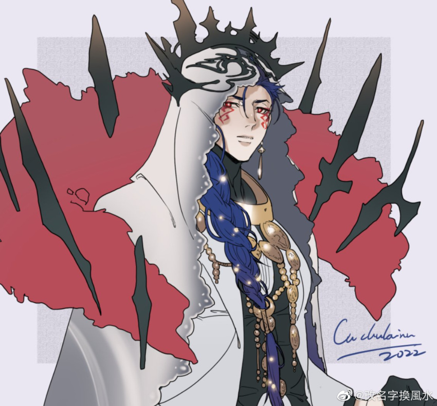 1boy blue_hair braid braided_ponytail cu_chulainn_(fate) cu_chulainn_alter_(dream_portrait)_(fate) cu_chulainn_alter_(fate) dark_blue_hair earrings facepaint facial_mark fate/grand_order fate_(series) formal gold highres hood hood_up iash jewelry long_hair looking_at_viewer male_focus necklace official_alternate_costume red_eyes signature solo suit upper_body white_suit