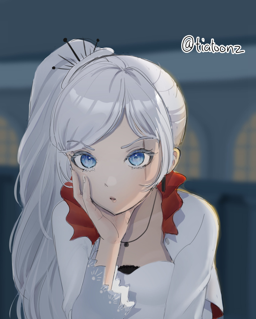 1girl absurdres artist_name blue_eyes blurry blurry_background earrings elbow_rest frills hair_ornament high_side_ponytail highres jewelry long_hair long_sleeves parted_lips pendant rwby scar scar_across_eye scar_on_face solo tiatoonz upper_body v-shaped_eyebrows weiss_schnee white_hair