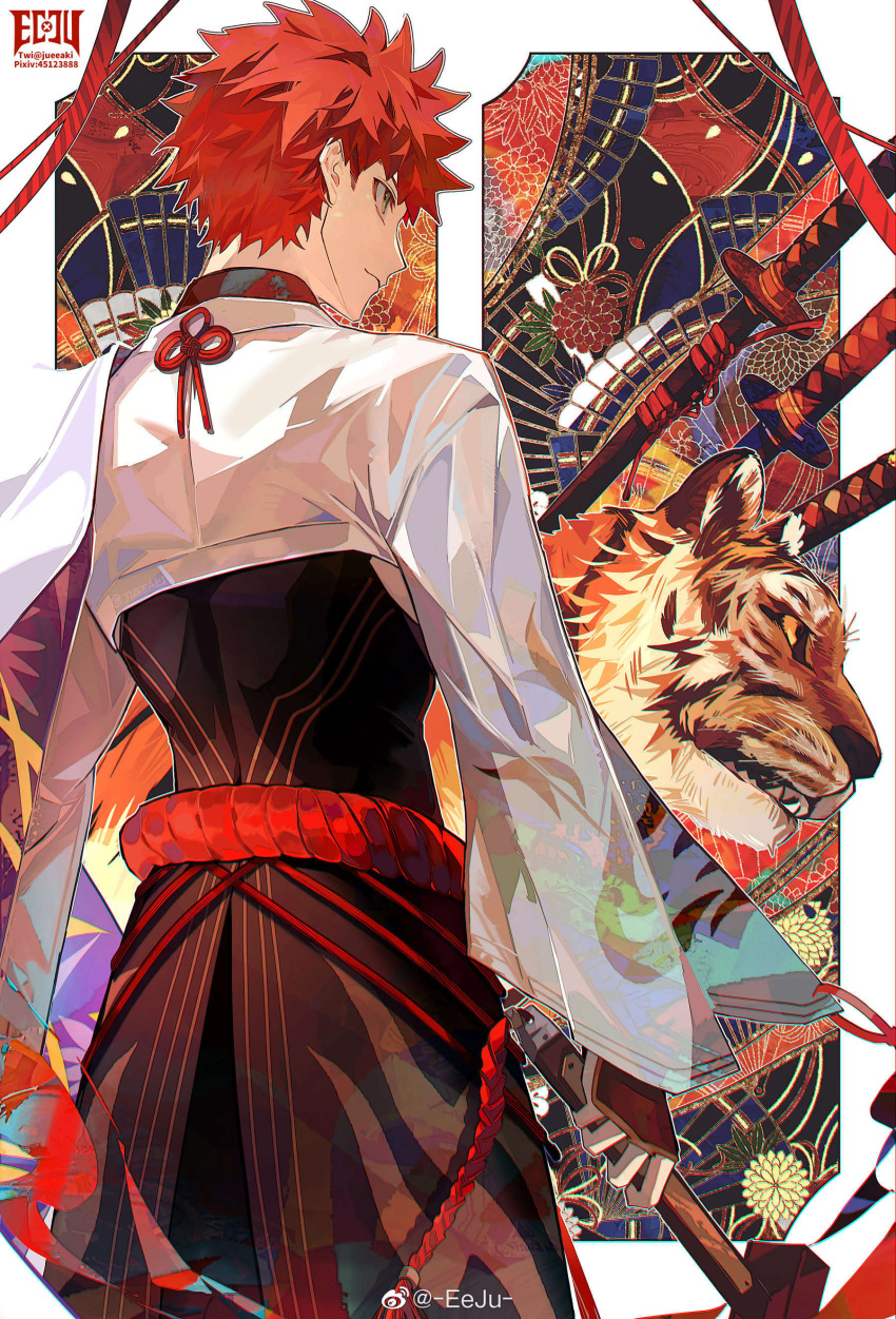 1boy absurdres animal artist_name eeju fate/grand_order fate_(series) from_behind hammer highres holding holding_hammer male_focus nagatekkou orange_hair profile rope senji_muramasa_(second_ascension)_(fate) shimenawa short_hair solo sword tiger weapon wide_sleeves yellow_eyes