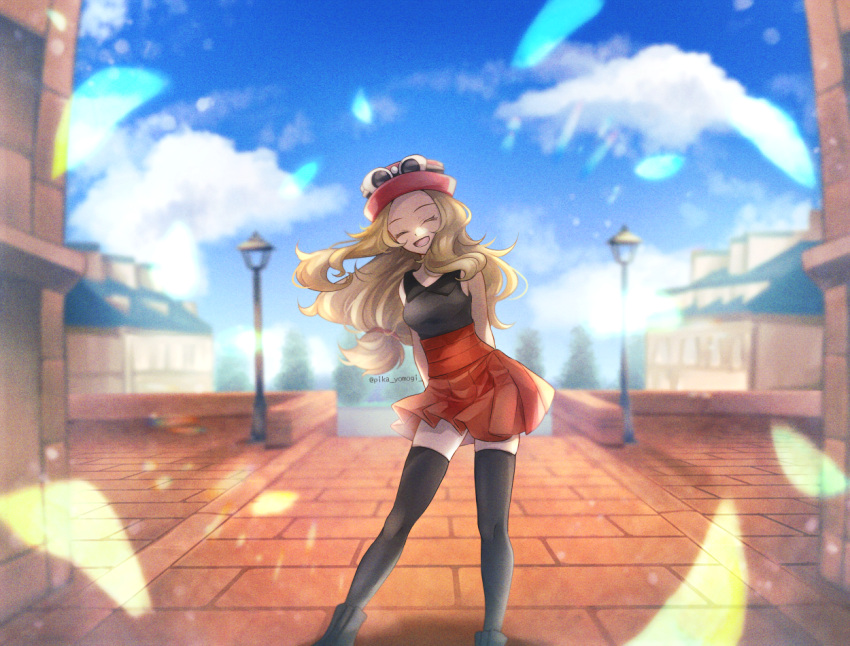 1girl :d blonde_hair boots building closed_eyes clouds collared_shirt commentary_request day eyelashes eyewear_on_head eyewear_on_headwear facing_viewer falling_leaves hat high-waist_skirt lamppost leaf long_hair open_mouth outdoors pink_headwear pokemon pokemon_(game) pokemon_xy serena_(pokemon) shirt skirt sky sleeveless sleeveless_shirt smile solo standing sunglasses thigh-highs white-framed_eyewear yomogi_(black-elf)