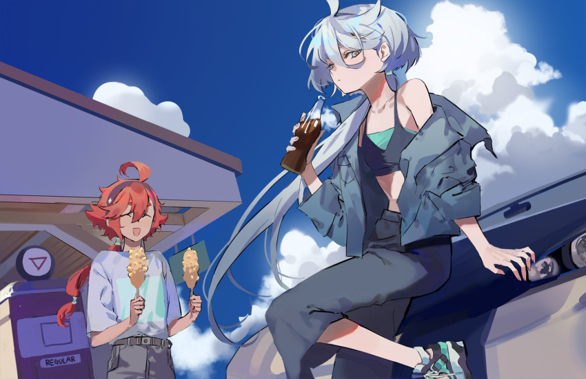 2girls ahoge belt car casual closed_eyes clouds cup gas_station glass_bottle grey_eyes gundam gundam_suisei_no_majo hairband highres holding holding_cup long_hair low_ponytail miorine_rembran motor_vehicle multiple_girls off_shoulder open_mouth otuming outdoors redhead shoes sky sneakers sports_bra suletta_mercury thick_eyebrows