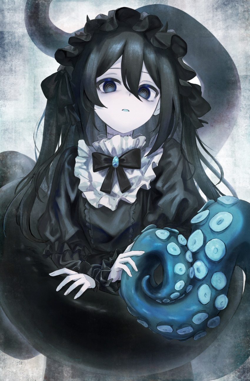 1girl absurdres black_bow black_bowtie black_dress black_eyes black_hair blue_brooch blue_tongue border bow bowtie capelet colored_tongue commentary_request cowboy_shot dress frilled_hairband frilled_shirt_collar frills gothic_lolita grey_background hairband hand_on_tentacle happa_de_happy highres horns indie_virtual_youtuber juliet_sleeves lolita_fashion long_hair long_sleeves official_alternate_costume pale_skin parted_lips puffy_sleeves ringed_eyes solo stitched_neck stitches tentacles two_side_up virtual_youtuber white_capelet yamata_ia