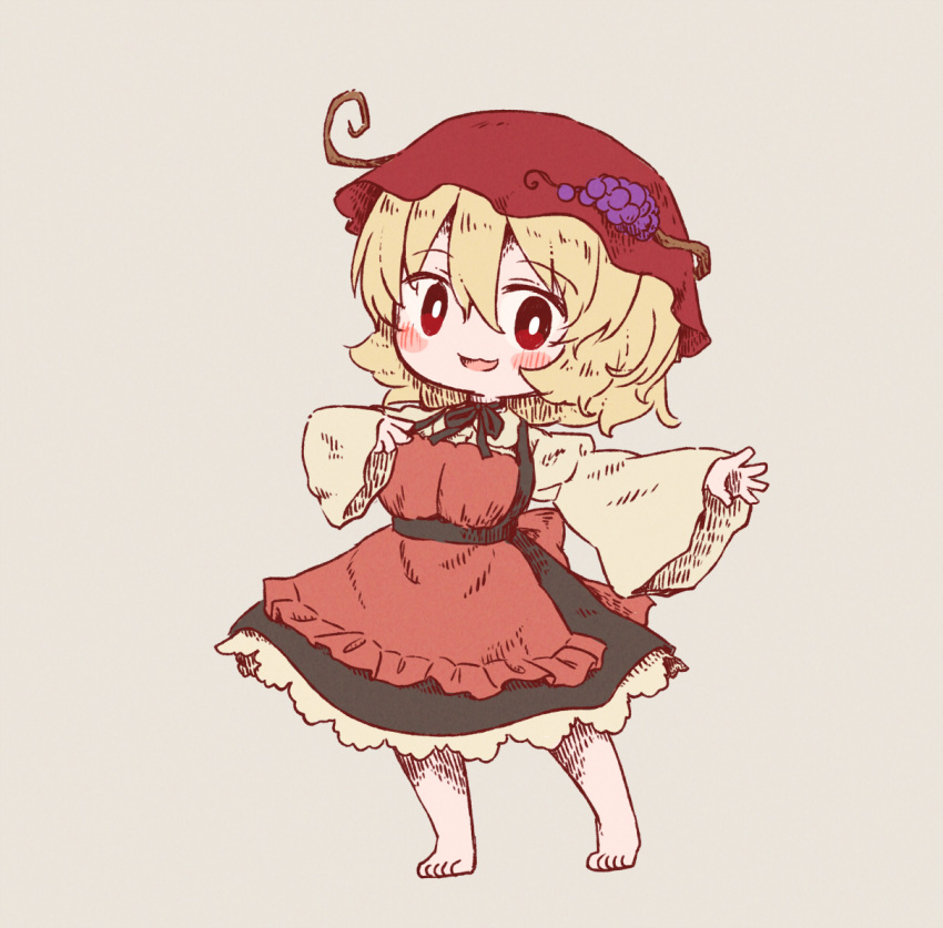 1girl aki_minoriko apron arinu barefoot blonde_hair blush fruit_hat_ornament full_body grape_hat_ornament grey_background hair_between_eyes hat hat_ornament long_sleeves mob_cap open_mouth red_apron red_eyes red_headwear shirt short_hair simple_background smile solo touhou wide_sleeves yellow_shirt
