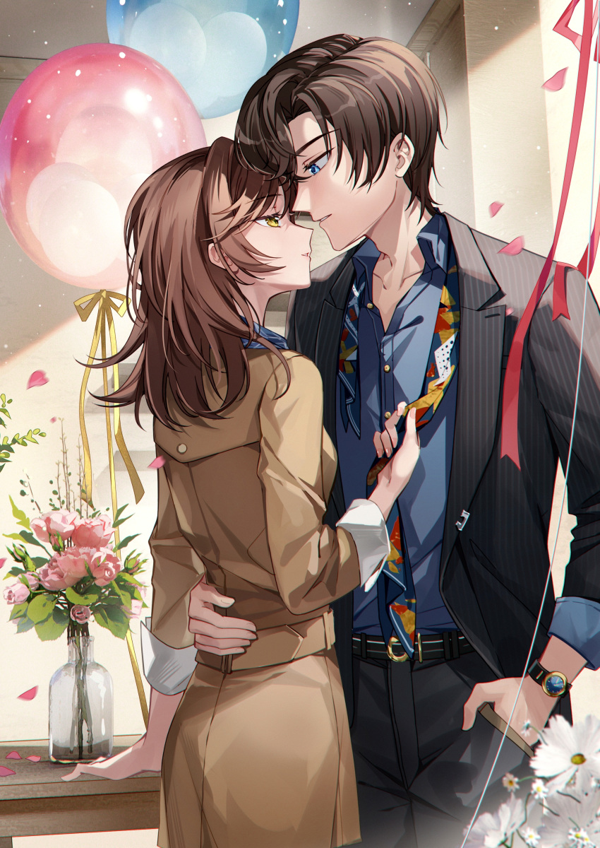1boy 1girl absurdres artem_wing_(tears_of_themis) balloon belt black_jacket black_pants blue_eyes blue_shirt brown_coat brown_hair coat collared_shirt flower green_eyes hand_in_pocket highres holding_necktie imminent_kiss indoors jacket long_hair long_sleeves looking_at_another nauxii pants pink_flower pink_rose rosa_(tears_of_themis) rose shirt short_hair striped table tears_of_themis vase vertical_stripes watch watch white_flower