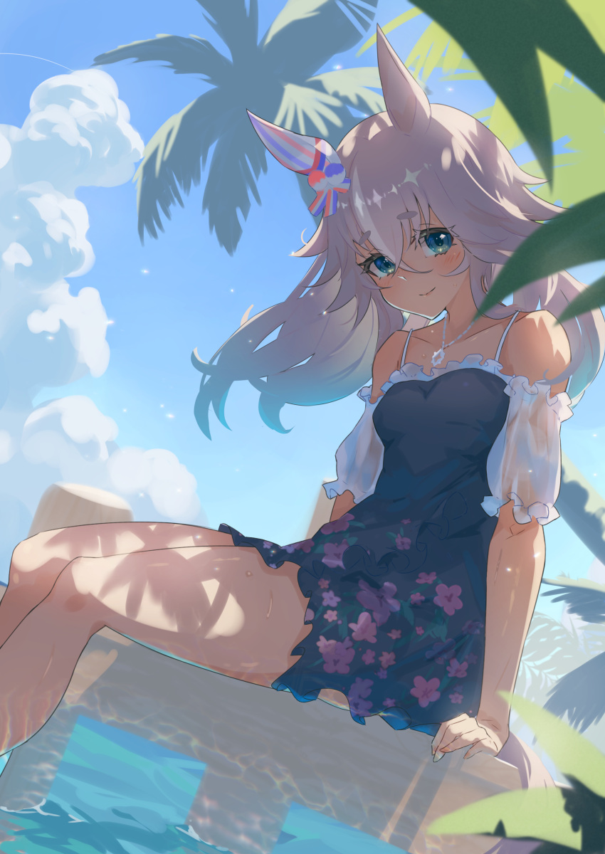 1girl absurdres alternate_costume animal_ears blue_eyes blush breasts closed_mouth clouds collarbone commentary_request dress_swimsuit feet_out_of_frame grey_hair hair_between_eyes hair_ornament highres horse_ears horse_girl horse_tail jewelry legs necklace ocean sitting sky small_breasts smile solo tail thick_eyebrows umamusume wonder_acute_(umamusume) yakousei_a