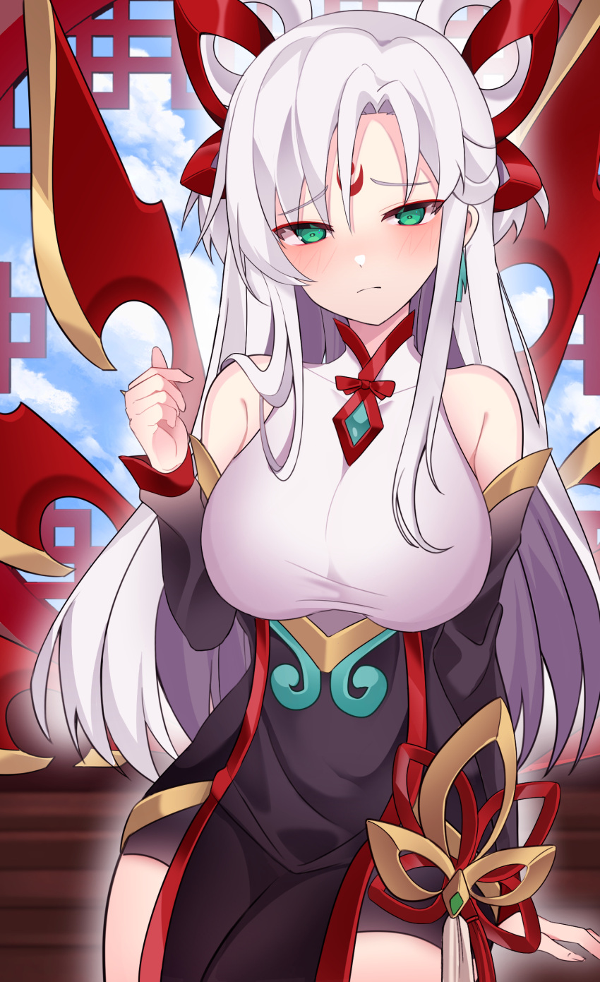 1girl absurdres blush breasts closed_mouth clothing_cutout clouds cloudy_sky day dress earrings frown green_eyes hair_rings highres irelia jewelry large_breasts league_of_legends long_hair long_sleeves looking_at_viewer pelicana shoulder_cutout sitting sky solo white_hair