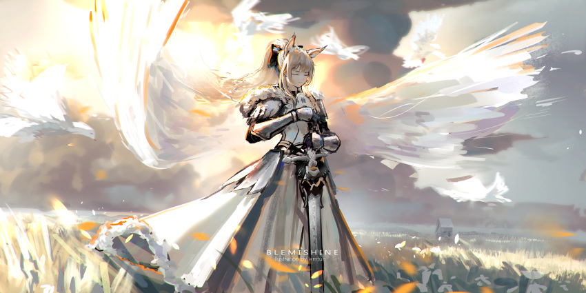 1girl absurdres animal_ear_fluff animal_ears arknights armor black_bow blemishine_(arknights) blonde_hair blurry bow character_name closed_eyes cowboy_shot depth_of_field field flower flower_field fur-trimmed_armor gauntlets hair_bow hands_on_hilt high_ponytail highres holding holding_sword holding_weapon horse_ears horse_girl lemtun long_hair outdoors planted planted_sword plate_armor ponytail solo sun sword watermark weapon wings