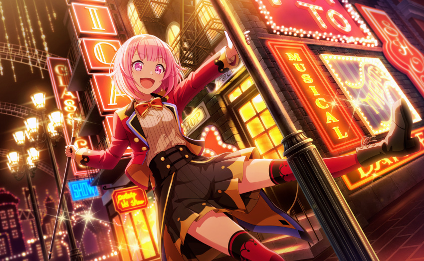 1girl balcony black_footwear black_shorts boots bow bowtie cane city_lights colorful_palette gold_trim highres holding holding_cane jacket lamppost long_sleeves looking_at_viewer neon_lights official_art ootori_emu open_mouth pink_eyes pink_hair pleated_shorts project_sekai red_bow red_bowtie red_jacket red_thighhighs shirt short_hair shorts sign smile solo sparkle stairs thigh-highs third-party_source white_shirt window wing_collar zenryoku!_wonder_halloween!_(project_sekai)