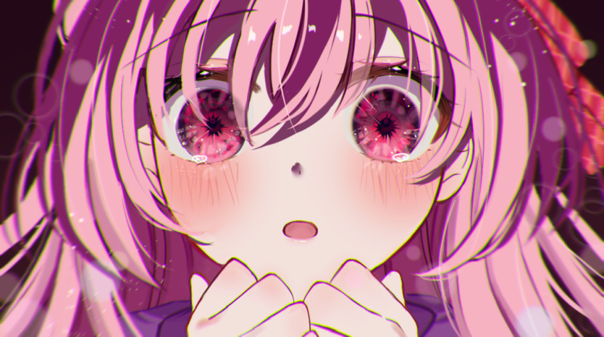 1girl :o blush chromatic_aberration clenched_hands commentary empty_eyes hair_between_eyes happy_sugar_life jacket long_bangs long_hair looking_at_viewer matsuzaka_satou open_mouth own_hands_together pink_eyes pink_hair purple_jacket raised_eyebrows shiro_(dkau3374) solo symbol-only_commentary tearing_up