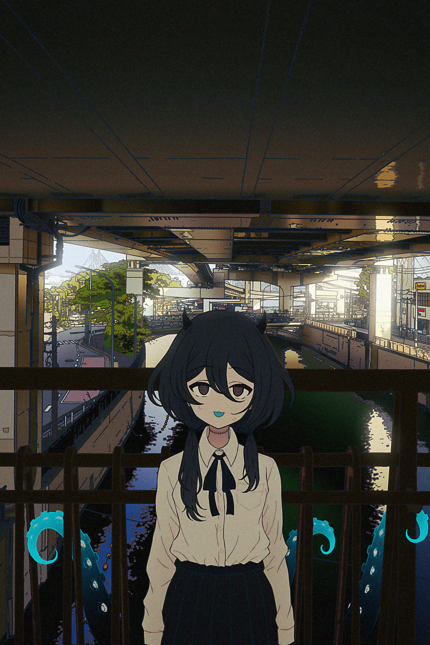 1girl arms_at_sides asymmetrical_hair black_eyes black_hair black_ribbon black_skirt bloom canal city commentary cowboy_shot day film_grain hair_over_shoulder highres horns indie_virtual_youtuber lamppost looking_at_viewer low_twintails neck_ribbon nkymyura no_jacket open_mouth outdoors pleated_skirt railing raised_eyebrows ribbon ringed_eyes shirt shirt_tucked_in skirt smile solo stitched_neck stitches straight-on sweat tentacles tree twintails under_bridge urban virtual_youtuber water white_shirt yamata_ia
