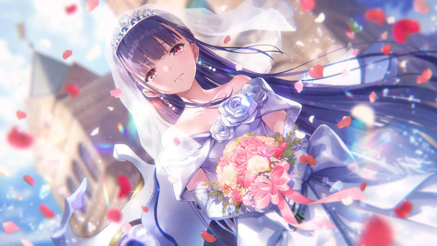 blue_hair bouquet bridal_veil bride church collarbone dress earrings elbow_gloves flower gloves heaven_burns_red highres holding holding_bouquet jewelry long_hair non-web_source official_art outdoors petals red_eyes satsuki_mari strapless strapless_dress tears veil wedding_dress white_dress white_gloves