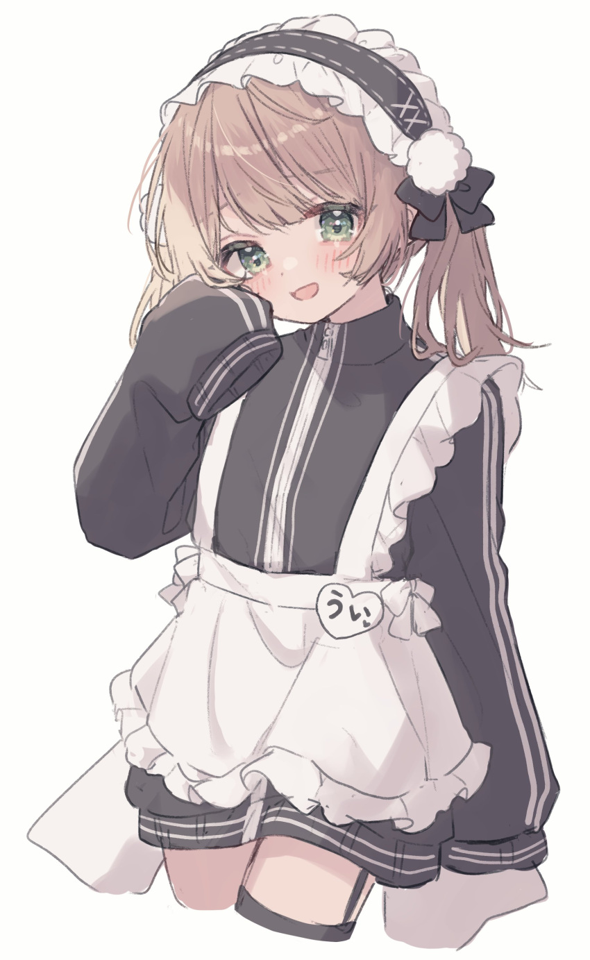 1girl absurdres apron black_bow black_jacket blush bow brown_hair cowboy_shot cropped_legs double_horizontal_stripe double_vertical_stripe green_eyes hair_bow hairband highres indie_virtual_youtuber jacket jersey_maid lolita_hairband long_hair looking_at_viewer low_twintails name_tag open_mouth roku_6 shigure_ui_(vtuber) simple_background smile solo track_jacket twintails unconventional_maid white_apron white_background