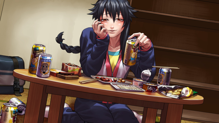 1girl bag black_hair blush braid brown_eyes can chips_(food) chopsticks drunk fingernails food game_cg hair_tie hand_on_own_face holding holding_can indoors kagelow long_hair long_sleeves looking_back official_art pants partially_unzipped raging_loop serizawa_chiemi shelf sitting solo table third-party_source wariza zipper zipper_pull_tab