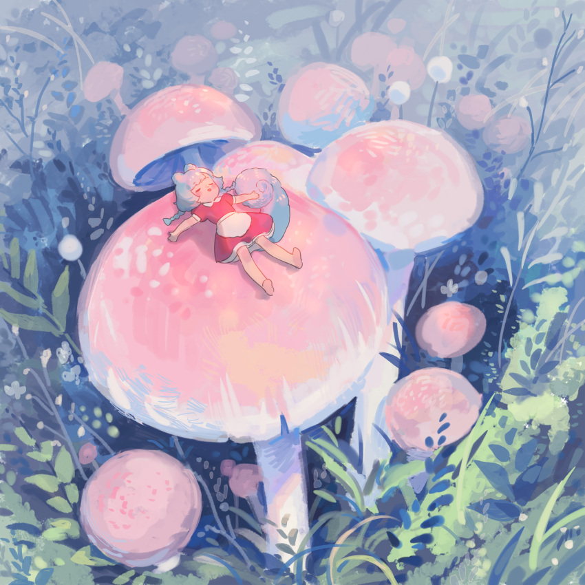 1girl :d absurdres animal_ears apron bare_arms bare_legs barefoot blush_stickers braid chinese_commentary closed_eyes commentary dress facing_viewer full_body grass hidari_(nanmu-left) highres long_hair low_twin_braids lying lying_on_mushroom mini_person minigirl mushroom nature on_back open_hands open_mouth original outdoors outstretched_arms plant red_dress smile solo spread_arms tail twin_braids waist_apron white_apron
