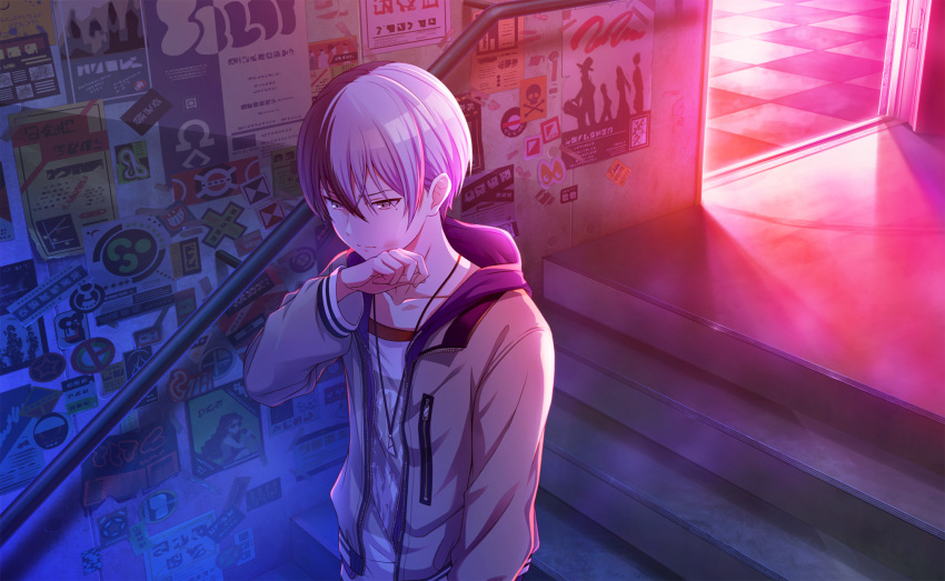 1boy aoyagi_touya arm_at_side blue_hair clenched_hand closed_mouth colorful_palette dark_blue_hair grey_eyes highres hood hood_down hooded_jacket injury jacket jewelry long_sleeves male_focus mole mole_under_eye multicolored_hair necklace official_art open_clothes open_jacket poster_(object) project_sekai railing solo split-color_hair stairs sticker third-party_source two-tone_hair upper_body