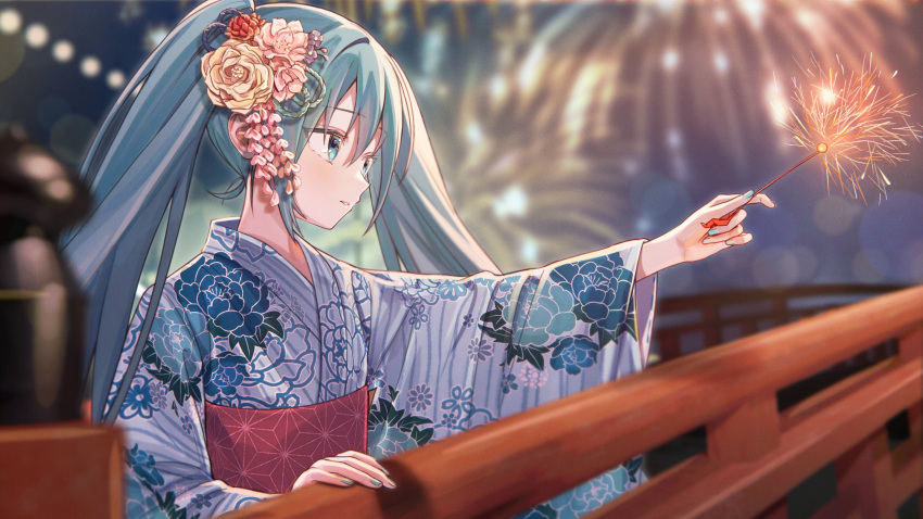 1girl absurdres aqua_eyes aqua_hair aqua_nails blurry blurry_background blurry_foreground commentary fireworks floral_print flower hair_between_eyes hair_flower hair_ornament hatsune_miku highres holding_fireworks japanese_clothes kimono light_blush long_hair long_sleeves looking_to_the_side night night_sky outdoors outstretched_arm parted_lips print_kimono sash sky solo sparkler twintails upper_body vocaloid vs0mr wide_sleeves yukata