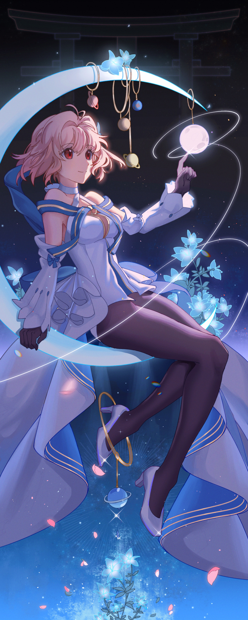 1girl absurdres antenna_hair archetype_earth arcueid_brunestud bare_shoulders black_gloves black_pantyhose blonde_hair blue_flower closed_mouth commentary_request detached_sleeves dhsauce dress fate/grand_order fate_(series) floating_hair flower gloves hair_between_eyes hair_flower hair_intakes hair_ornament high_heels highres long_sleeves moon pantyhose petals red_eyes short_hair sitting smile solo thighs tsukihime tsukihime_(remake) white_dress white_footwear white_sleeves