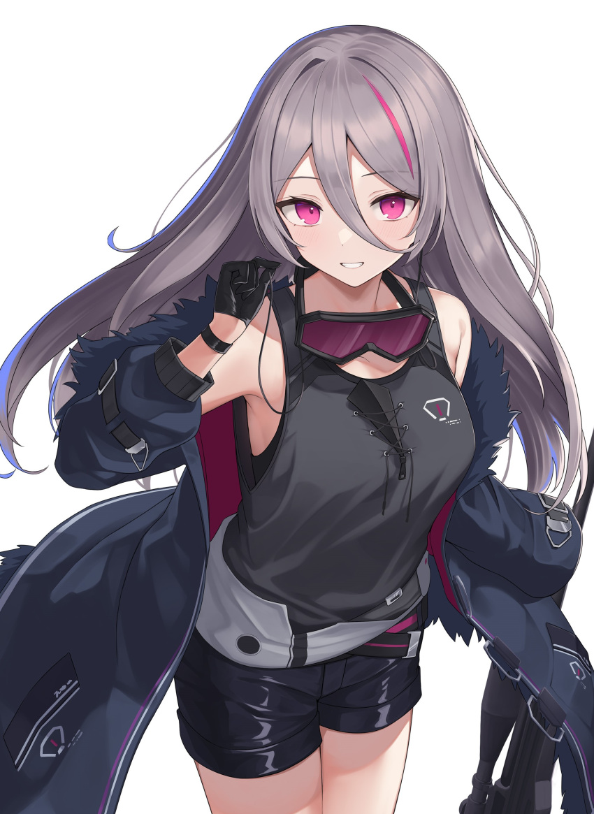1girl absurdres black_coat black_gloves blush breasts coat collarbone commentary_request commission cowboy_shot fur-trimmed_coat fur_trim girls_frontline gloves goggles goggles_around_neck grey_hair highres hvar127 long_hair looking_at_viewer medium_breasts multicolored_hair off_shoulder open_clothes open_coat open_mouth purple_hair shorts simple_background skeb_commission smile solo streaked_hair t-cms_(girls'_frontline) tank_top truvelo_cms violet_eyes