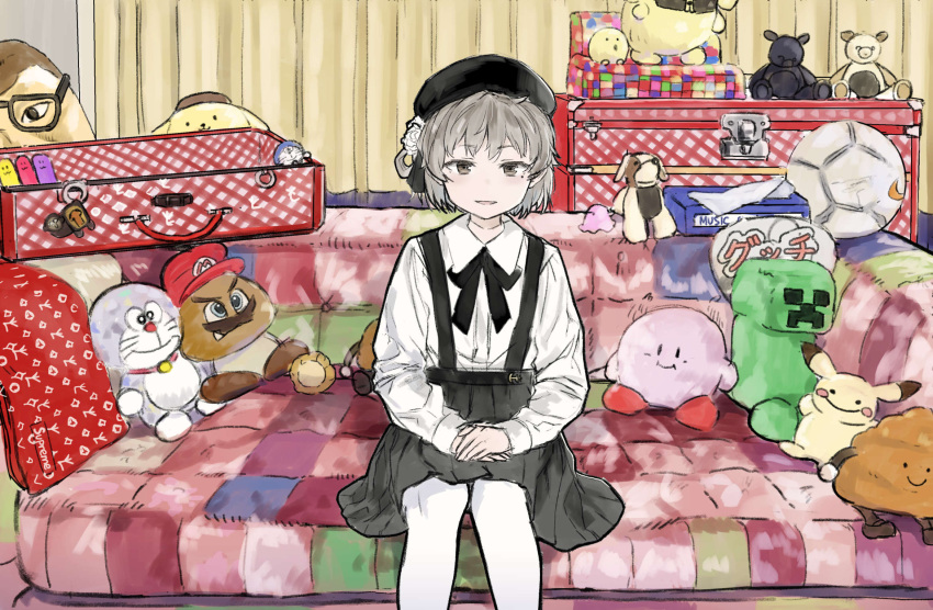 1girl ball beret black_headwear black_ribbon black_skirt brown_eyes character_doll collared_shirt copyright_request couch creeper doraemon doraemon_(character) feet_out_of_frame flower goomba grey_hair hair_flower hair_ornament hair_ribbon hands_on_lap hat hatoba_tsugu highres indoors kirby kirby_(series) light_smile long_sleeves looking_at_viewer mario_hat mole mole_under_eye neck_ribbon on_couch open_mouth ouka_(yama) own_hands_together pantyhose pikachu pleated_skirt pokemon quilt ribbon rose shirt shirt_tucked_in single_hair_ring sitting skirt soccer_ball solo straight-on stuffed_animal stuffed_toy suitcase super_mario_bros. super_mario_odyssey suspender_skirt suspenders teddy_bear tissue_box tsugu_(vtuber) virtual_youtuber white_flower white_pantyhose white_rose