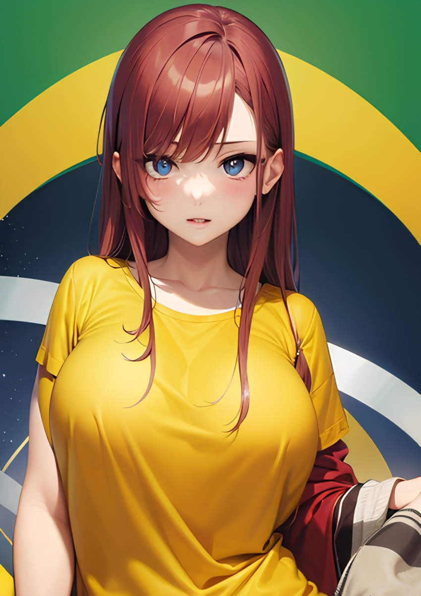 1girl ai-generated blue_eyes blush breasts erza_scarlet fairy_tail highres large_breasts looking_at_viewer non-web_source redhead shirt yellow_shirt