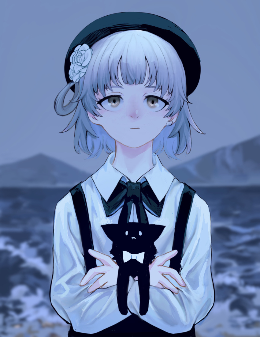 1girl :| absurdres akina_(odoru_nagi) animal bandaid_on_ear beret black_bow black_bowtie black_cat black_headwear blurry blurry_background bow bowtie cat closed_mouth collared_shirt commentary_request day expressionless flower grey_hair hair_flower hair_ornament hat hatoba_tsugu highres holding holding_animal long_sleeves looking_up mountainous_horizon ocean outdoors overcast rose sanpaku shirt short_hair single_hair_ring sky solo straight-on suspenders tsugu_(vtuber) upper_body virtual_youtuber waves white_flower white_rose yellow_eyes