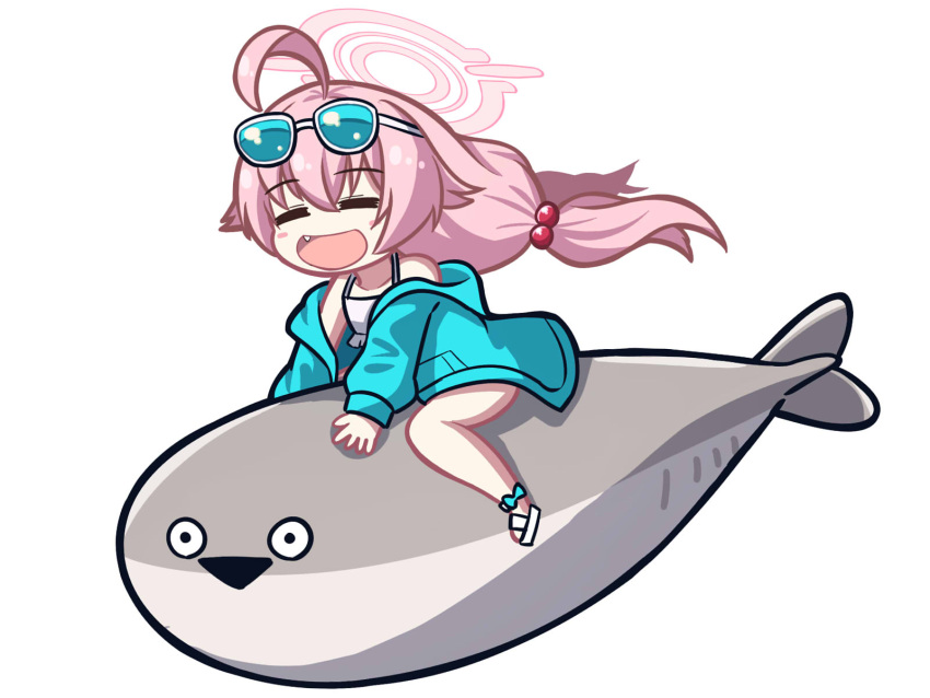 1girl =_= ahoge bikini black_mouth blue-tinted_eyewear blue_archive blue_jacket chibi closed_eyes eyewear_on_head fang fish frilled_bikini frills full_body hair_bobbles hair_ornament halo highres hoshino_(blue_archive) hoshino_(swimsuit)_(blue_archive) jacket long_hair long_sleeves low_twintails official_alternate_costume open_clothes open_jacket open_mouth pink_hair pink_halo riding sacabambaspis sandals simple_background smile solo sunglasses swimsuit tinted_eyewear triangle_mouth twintails white_background white_bikini white_footwear yukimi_unagi