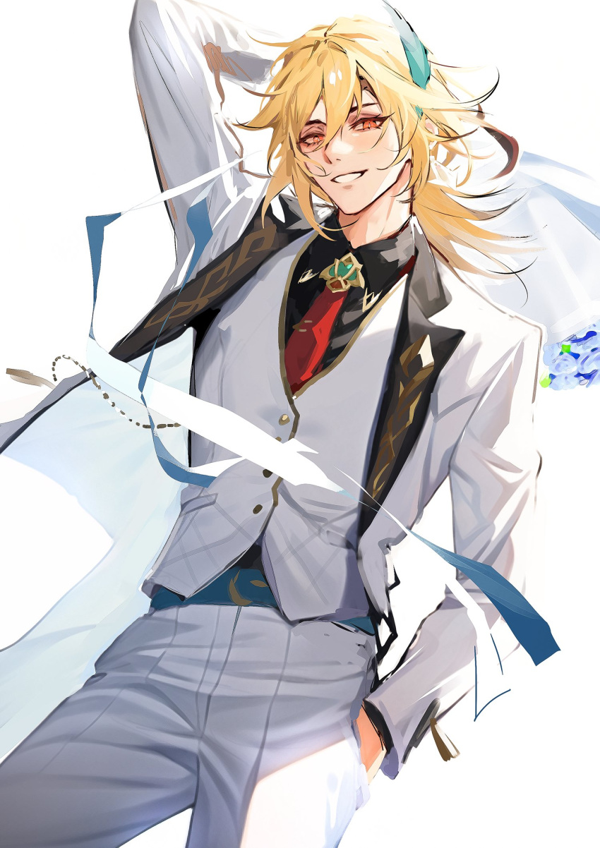 1boy arm_up blonde_hair blue_flower bouquet collared_shirt eyelashes feather_hair_ornament feathers flower genshin_impact godwkgodwk hair_between_eyes hair_ornament hand_in_pocket highres holding holding_bouquet jacket kaveh_(genshin_impact) long_hair long_sleeves looking_at_viewer male_focus multicolored_hair necktie open_clothes open_jacket pants red_eyes red_necktie shirt simple_background vest white_background white_jacket white_pants white_vest