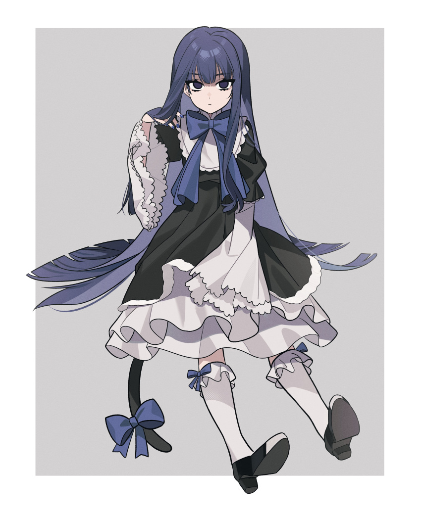 1girl absurdres black_dress black_footwear blue_bow blunt_bangs bow cat_tail dress dress_bow empty_eyes frederica_bernkastel frilled_dress frilled_sleeves frills highres kiliko-san layered_dress long_hair puffy_sleeves purple_hair sidelocks solo tail tail_bow tail_ornament umineko_no_naku_koro_ni violet_eyes wide_sleeves witch