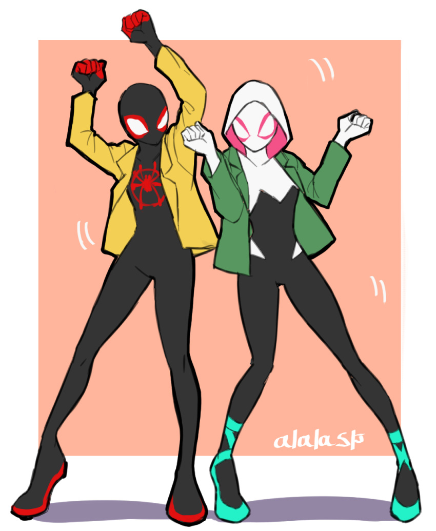 1boy 1girl arms_up artist_name ballet_slippers black_bodysuit bodysuit border breasts clenched_hands dancing green_footwear green_jacket highres hood hood_up jacket marvel mask motion_lines multicolored_bodysuit multicolored_clothes outside_border pink_background pink_bodysuit shadow side-by-side small_breasts spider-gwen spider-man:_into_the_spider-verse spider-man_(miles_morales) spider-man_(series) sushi_pizza_rrr thigh_gap tiptoes two-sided_fabric w_arms white_bodysuit white_border yellow_jacket