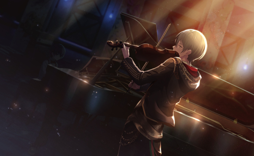 2boys aged_down aoyagi_touya blue_hair bow bowtie buttons chain covered_mouth cowboy_shot grey_eyes hair_between_eyes highres holding holding_bow_(music) holding_instrument hood hood_down instrument long_sleeves male_child male_focus multiple_boys official_art period_of_nocturne_(project_sekai) piano project_sekai short_hair suspenders third-party_source violin