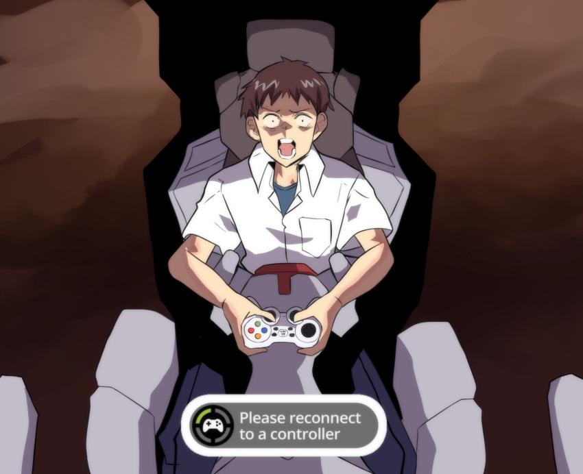 1boy black_hair cockpit comedy constricted_pupils controller game_controller highres hinghoi holding holding_controller holding_game_controller ikari_shinji male_focus microsoft neon_genesis_evangelion open_mouth parody screaming shaded_face shirt short_hair sitting solo user_interface white_shirt wide-eyed