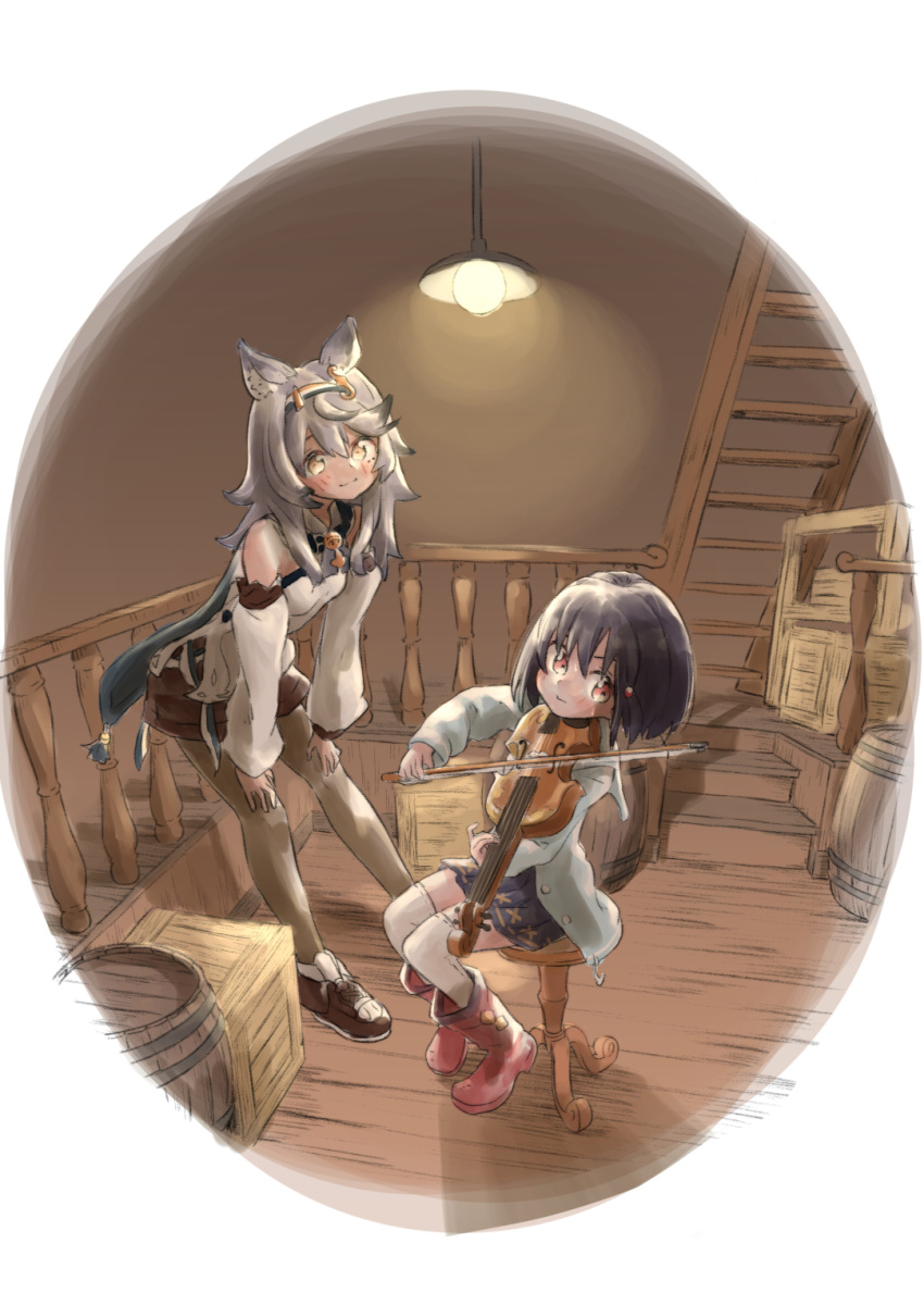 2girls animal_ears barrel black_hair blush boots bow_(music) cantate_(granblue_fantasy) crate detached_sleeves erune granblue_fantasy grey_hair hair_between_eyes hairband hamioura hands_on_own_knees hanging_light highres holding holding_bow_(music) holding_instrument instrument knee_boots kneehighs leaning_forward leggings multiple_girls music on_stool over-kneehighs playing_instrument pleated_skirt railing red_eyes red_footwear sitting skirt socks stairs stool thigh-highs vikala_(granblue_fantasy) violin wooden_floor wooden_railing yellow_eyes