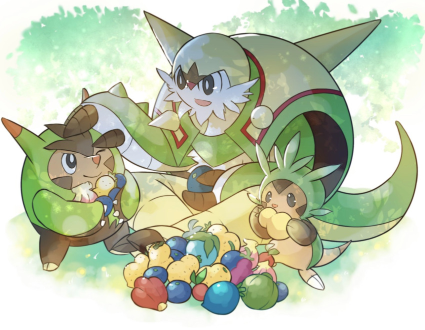 :d asakirirokuyu berry_(pokemon) bright_pupils brown_eyes chesnaught chespin chople_berry claws closed_mouth commentary_request dappled_sunlight evolutionary_line food fruit hand_on_another's_head holding holding_food holding_fruit leppa_berry looking_at_another lum_berry nanab_berry no_humans one_eye_closed open_mouth oran_berry payapa_berry pokemon pokemon_(creature) quilladin rawst_berry simple_background sitrus_berry sitting smile standing sunlight white_background white_pupils yache_berry