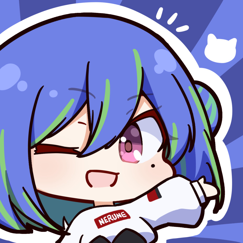 1girl :d blue_background blue_hair blush commentary_request green_hair hair_between_eyes hair_bun highres long_bangs long_hair looking_at_viewer mariooo mole mole_under_eye multicolored_hair nanashi_inc. notice_lines one_eye_closed open_mouth outline pink_eyes shirt single_hair_bun smile solo streaked_hair suzumi_nemo suzumi_nemo_(2nd_costume) two-tone_hair upper_body virtual_youtuber white_outline white_shirt