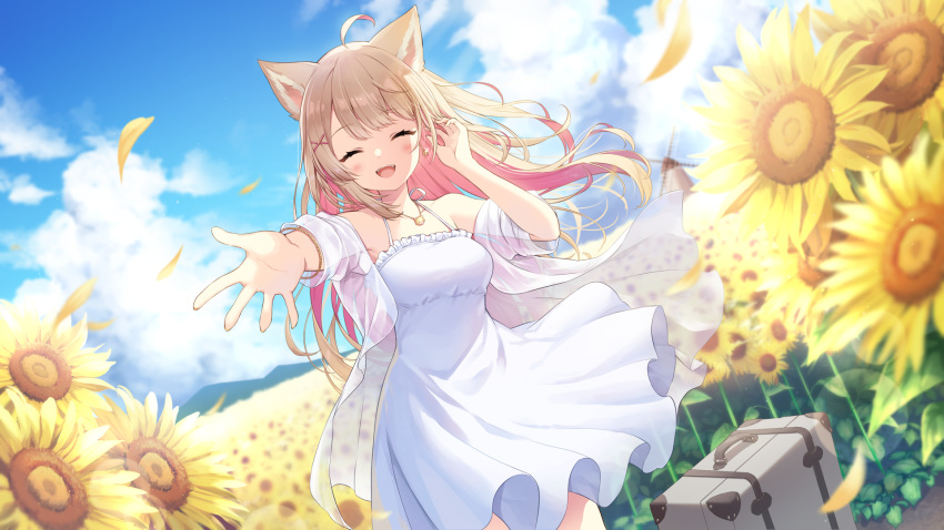 1girl :d ahoge animal_ear_fluff animal_ears blonde_hair blue_sky blush bracelet closed_eyes clouds colored_inner_hair day dog_ears dog_girl dress dutch_angle earrings falling_petals field floating_hair flower flower_earrings flower_field hair_ornament highres inumaki_himari jewelry long_hair looking_at_viewer multicolored_hair necklace off_shoulder outstretched_arms petals pink_hair reimin second-party_source see-through see-through_shirt sky smile solo suitcase sundress sunflower two-tone_hair virtual_youtuber wactor_production white_dress wind windmill x_hair_ornament yellow_flower